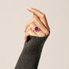Haxagon Cut Ruby Stone in Diamond Ring