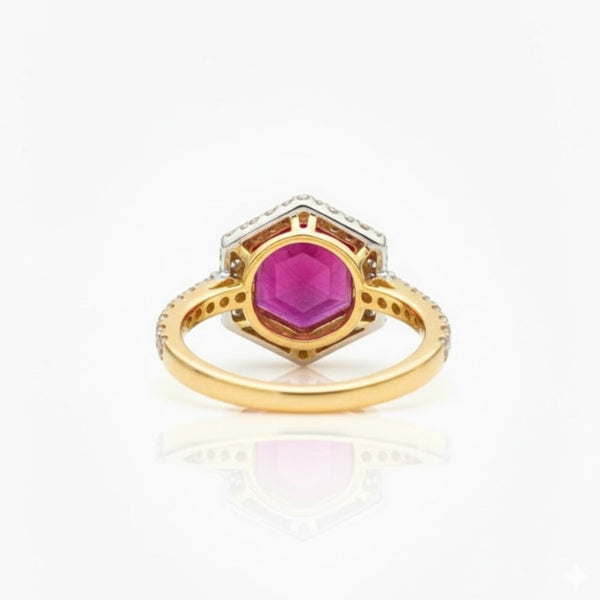 Haxagon Cut Ruby Stone in Diamond Ring