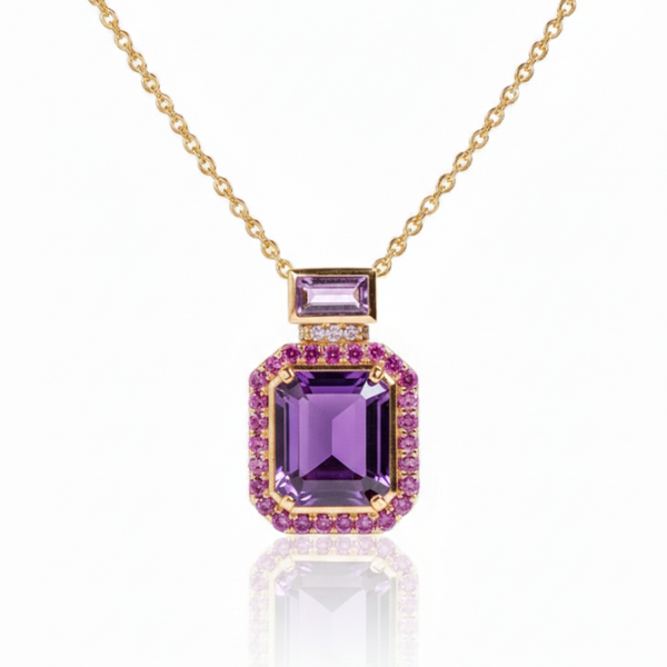 Emerald-Cut Amethyst Pendant Halo in Yellow Gold