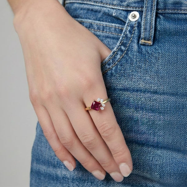 Classic Princess shape-Stone Ruby in Diamond Ring