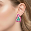 Vivid Pear-Cut Emerald Cluster Earrings with Ruby Cabochon Border