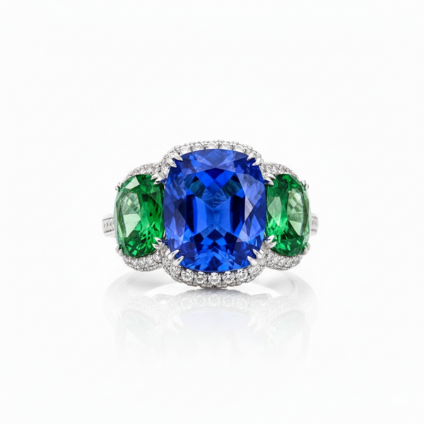 Royal Blue Sapphire Center with Oval Emerald Shoulders in White Gold
