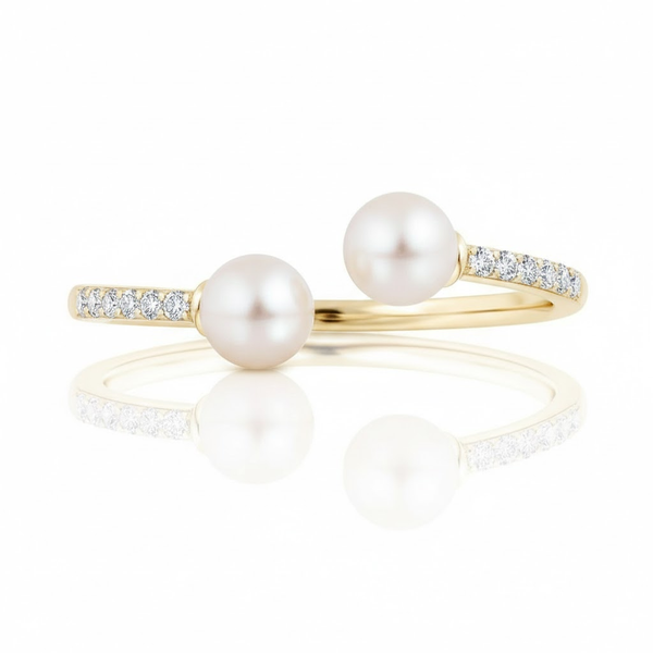Two-Stone Pearl Open Bypass Ring with Pavé Diamonds