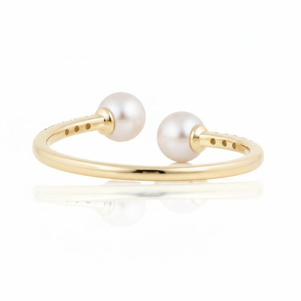 Two-Stone Pearl Open Bypass Ring with Pavé Diamonds