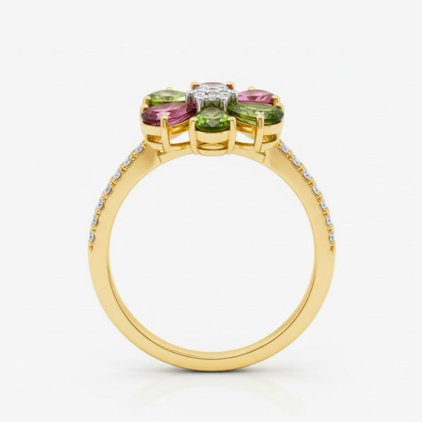 Vintage Inspired Tourmaline Flower Six Stone In Diamond Ring