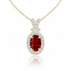 Oval-Cut Ruby Halo Pendant in 14K Yellow Gold with Diamond-Set "X" Bale