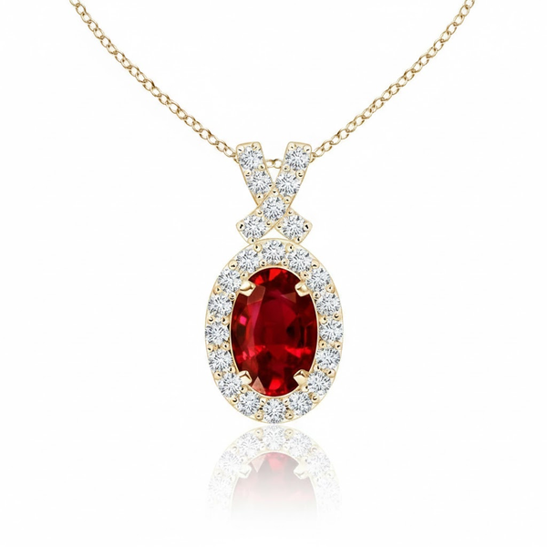 Oval-Cut Ruby Halo Pendant in 14K Yellow Gold with Diamond-Set "X" Bale