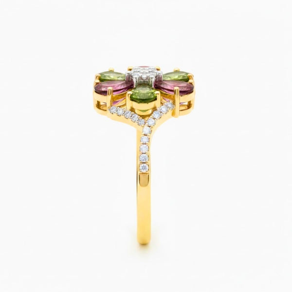 Vintage Inspired Tourmaline Flower Six Stone In Diamond Ring