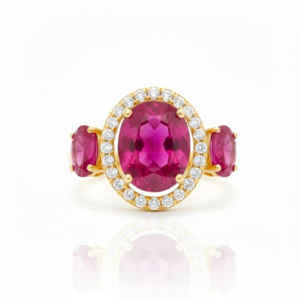 Classic Three-Stone Oval-Cut Ruby in Diamond Ring