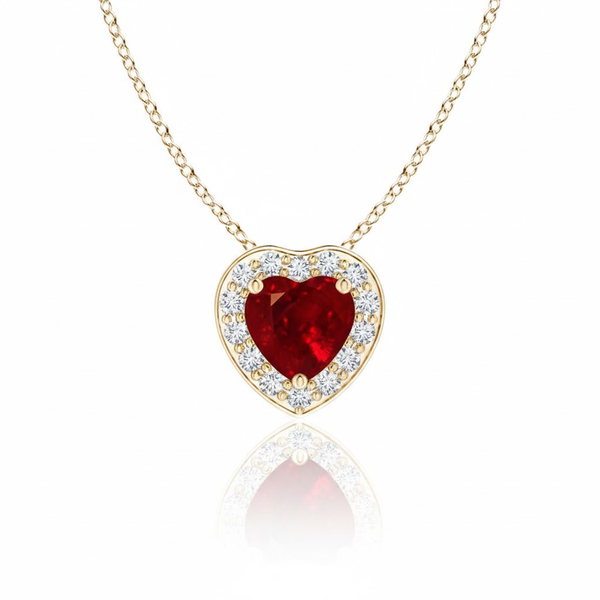 Heart-Cut Ruby Halo Pendant in 14K Yellow Gold with Diamond Accents