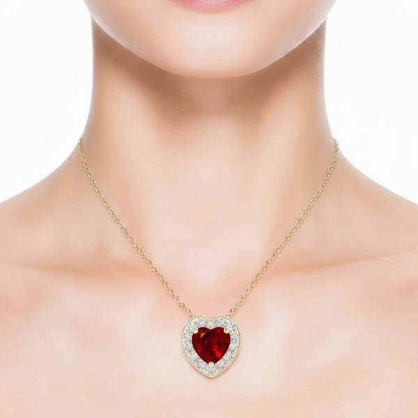 Heart-Cut Ruby Halo Pendant in 14K Yellow Gold with Diamond Accents