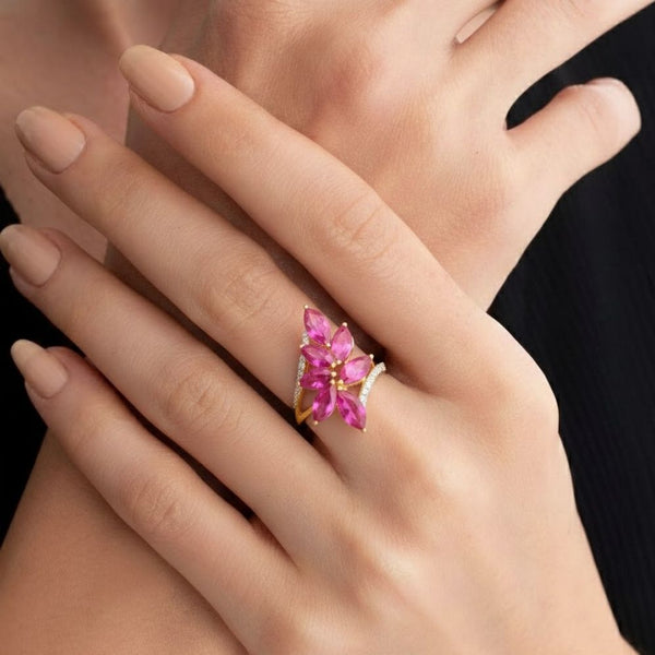Natural Ruby 7 pc Marquise shape in Diamond Ring