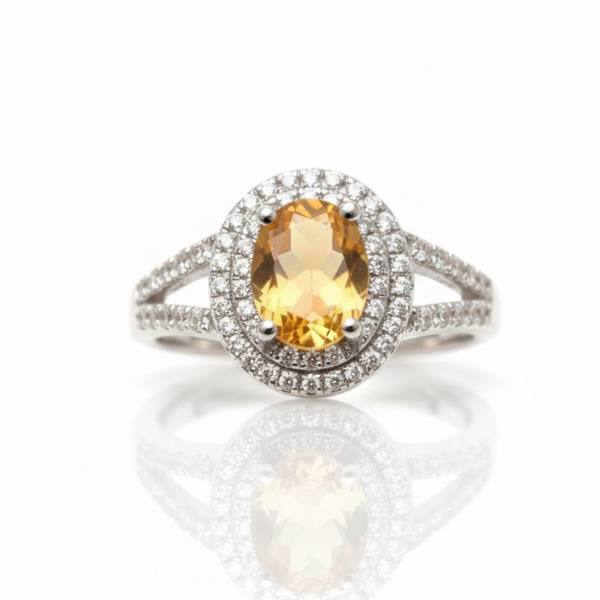 Oval Cut Citrine Double Halo Ring with Split-Shank Band