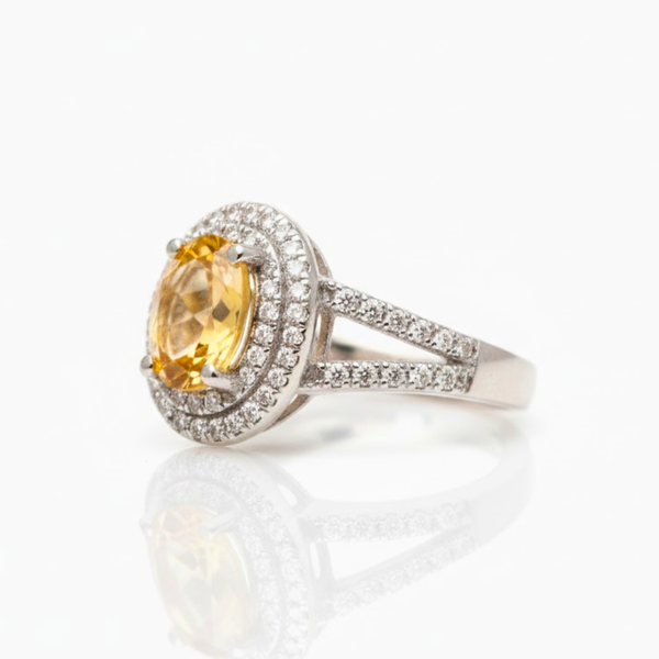 Oval Cut Citrine Double Halo Ring with Split-Shank Band