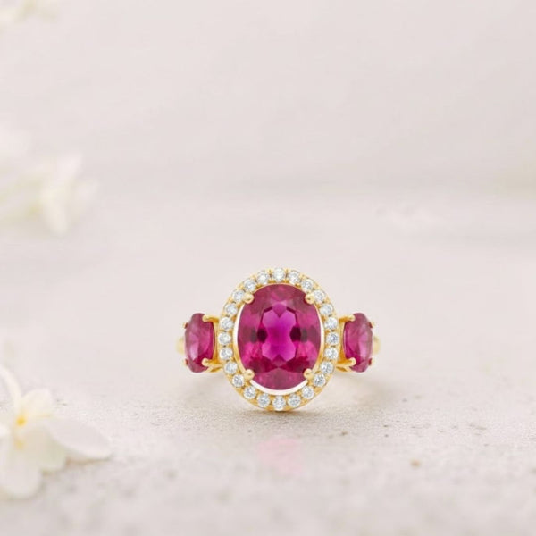 Classic Three-Stone Oval-Cut Ruby in Diamond Ring