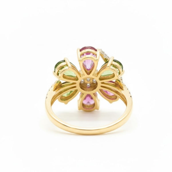 Vintage Inspired Tourmaline Flower Six Stone In Diamond Ring