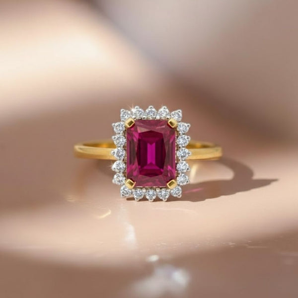 Classic Emerald shape-Stone Ruby in Diamond Ring
