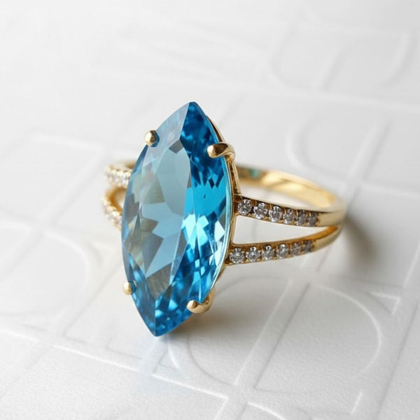 Marquise Blue topaz Solitaire Ring with Diamonds RIng