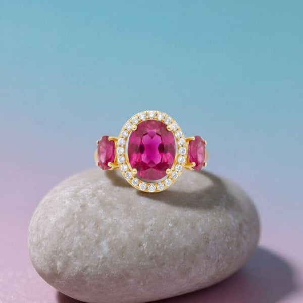 Classic Three-Stone Oval-Cut Ruby in Diamond Ring