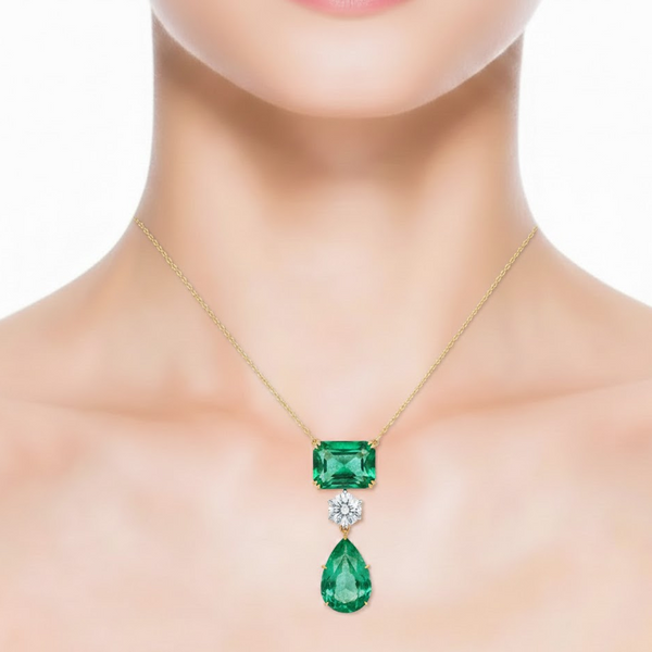 Natural Emerald In Radiant & Drop - Cut With a Flawless Setting on Diamond Pendant