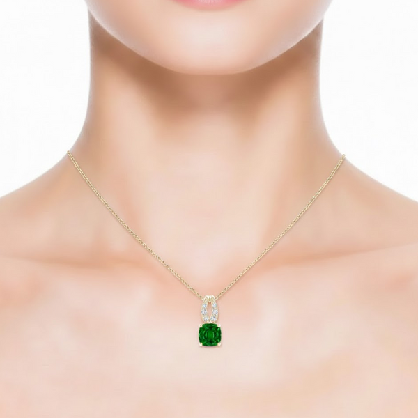 Cushion-Cut Emerald Solitaire Pendant in 14K Yellow Gold with Diamond Horseshoe Bale