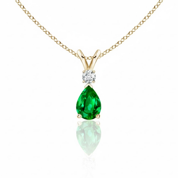 Pear-Cut Emerald Solitaire Pendant in 14K Yellow Gold with Diamond V-Bale