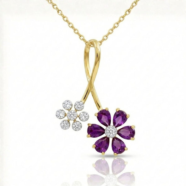 Rhodolite Flower Pendant with Diamond Accent 14k Yellow Gold