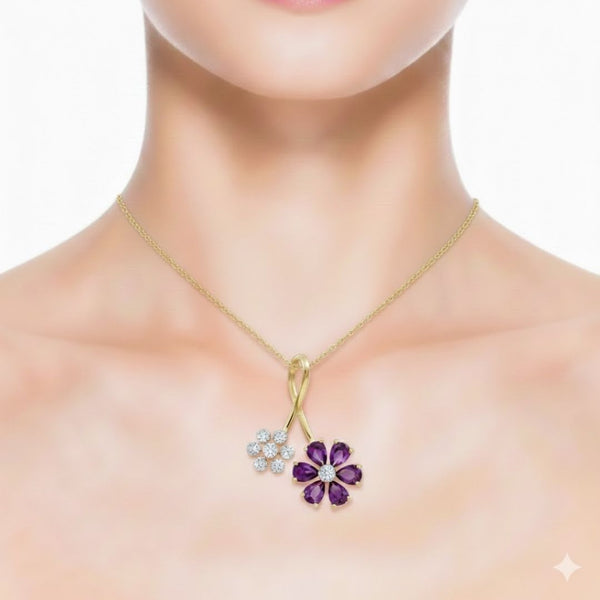 Rhodolite Flower Pendant with Diamond Accent 14k Yellow Gold