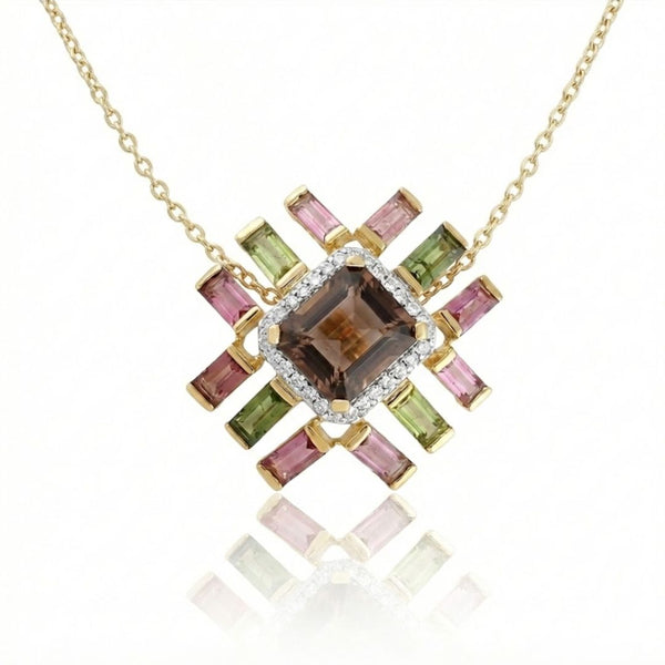Tourmaline Sunburst Pendant with Diamond Halo 14k Gold