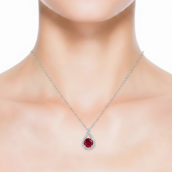 Round-Cut Ruby Teardrop Halo Pendant with Diamond-Set Open Bale