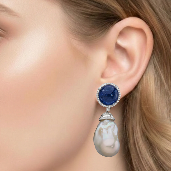 Artisanal Blue Sapphire and South Sea Pearl Drops Earring