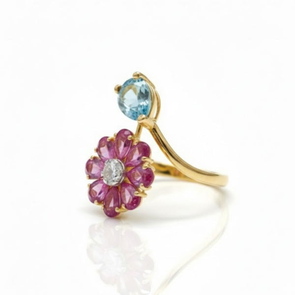 Nature Inspired Rhodolite & Aquamarine in Diamond Flower Ring