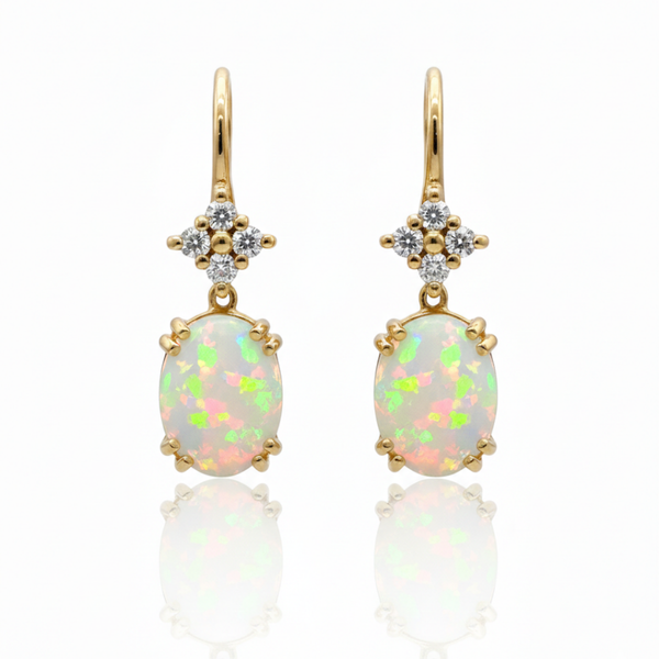 Oval-Cut Opal Drop Earrings with Diamond Cluster Accents