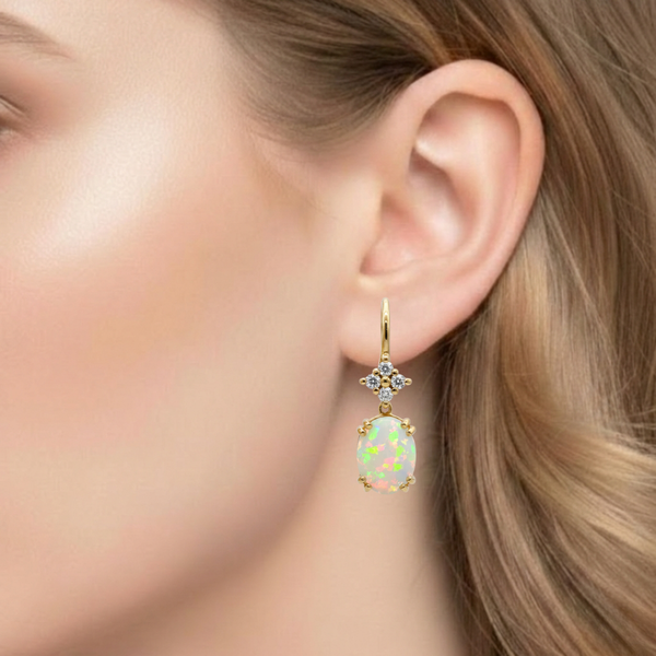 Oval-Cut Opal Drop Earrings with Diamond Cluster Accents