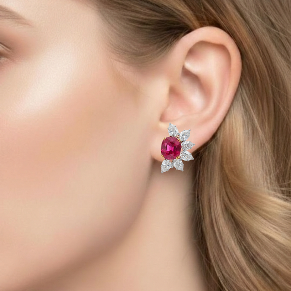 Oval-Cut Ruby Earrings with Asymmetric Pear-Cut Lab Grown Diamond Sunburst