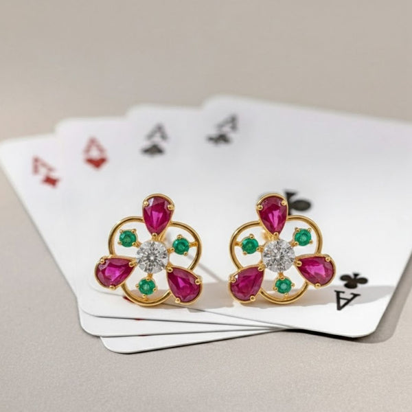 Natural Ruby & Emerald In Diamond Three Petal Earrings