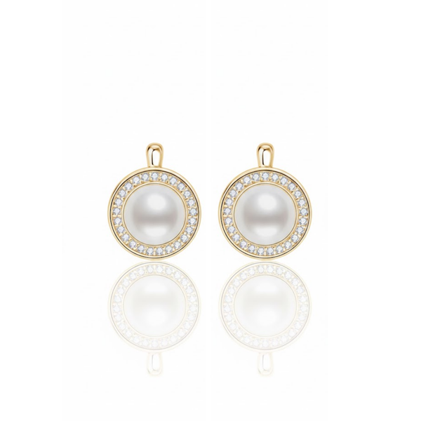 Classic Pearl Solitaire Earrings in Yellow Gold with Round Diamond Accents