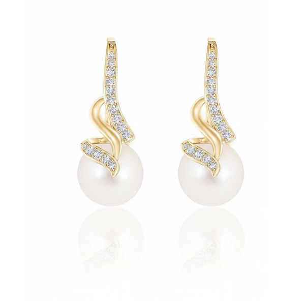 Natural Freshwater Pearl Drop Earrings in 14K Yellow Gold with Diamond Swirls