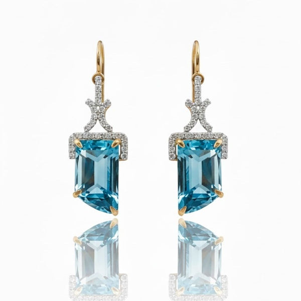 Emerald-Cut Blue Topaz Drop Earrings in 14K Yellow Gold with Diamond Accents