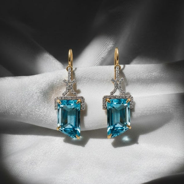 Emerald-Cut Blue Topaz Drop Earrings in 14K Yellow Gold with Diamond Accents
