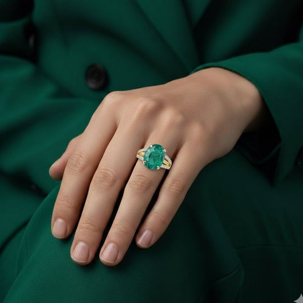 Classic Oval Emerald Halo Ring with Diamond