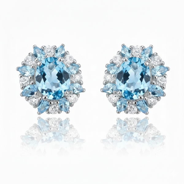 Round -Cut Blue Topaz Drop Earrings with Diamond Accents