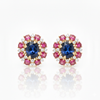 Oval-Cut Blue Sapphire Stud Earrings with Round Ruby and Diamond Sunburst Halo