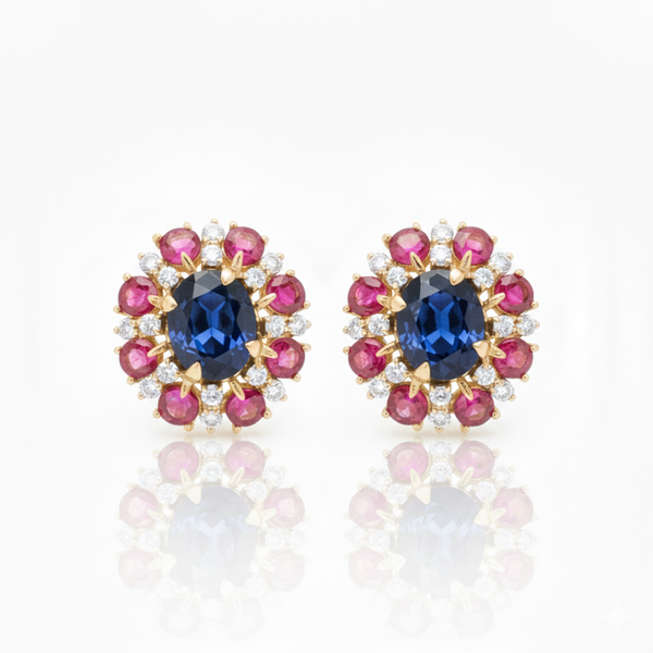 Oval-Cut Blue Sapphire Stud Earrings with Round Ruby and Diamond Sunburst Halo