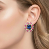 Oval-Cut Blue Sapphire Stud Earrings with Round Ruby and Diamond Sunburst Halo