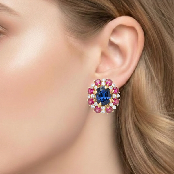 Oval-Cut Blue Sapphire Stud Earrings with Round Ruby and Diamond Sunburst Halo