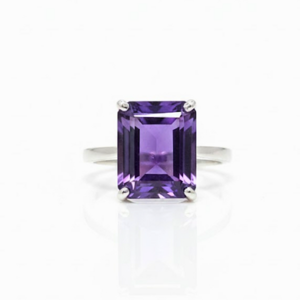 Emerald Cut Amethyst Sterling Silver Ring