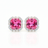 Cushion-Cut Ruby Stud Earrings with Diamond Baguette and Round Halo