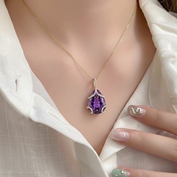 Pear-Cut Amethyst Pendant with Diamond Cover