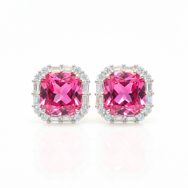 Cushion-Cut Ruby Stud Earrings with Diamond Baguette and Round Halo